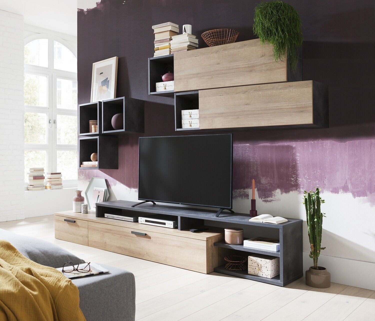 COMPOSAD | Soggiorno Completo della Linea VITTORIA, Set di 4 Mobili, Pensile, Mobile Porta Tv, Mensole Cubo, Soggriono Moderno Mobili, Mobili Soggiorno, Colore Rovere e Grigio Tadao, Made in Italy