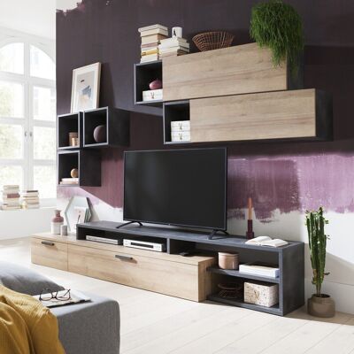 COMPOSAD | Komplettes Wohnzimmer der Linie VITTORIA, 4er-Set Möbel, Wohnwand, TV-Schrank, Würfelregale, moderne Wohnzimmermöbel, Wohnzimmermöbel, Eiche und Tadaograu, hergestellt in Italien