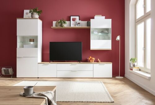 COMPOSAD | Soggiorno Completo della linea MUNDI, Set di 4 Mobili, Mobile Porta Tv, Pensile, Mobile Vetrina, Libreria Pensile, Colore Bianco Laccato e Rovere Oak Miele, Made in Italy