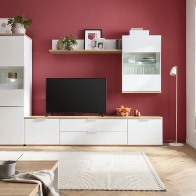 COMPOSADO | Salón completo de la línea MUNDI, Juego de 4 Muebles, Mueble TV, Mueble Alto, Vitrina, Librería Colgante, Color Lacado Blanco y Roble Miel, Made in Italy