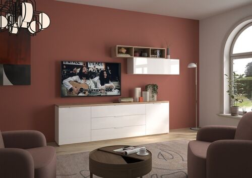 COMPOSAD | Soggiorno Completo della Linea MUNDI, Set di 3 Mobili, Pensile, Mobile Porta TV, Soggiorno Moderno, Elegante, Bianco Laccato e Rovere Miele, Made in Italy