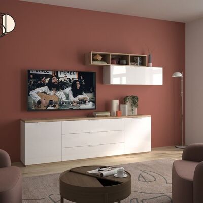 COMPOSAD | Complete Living Room from the MUNDI Line, Set of 3 Furniture, Wall Unit, TV Cabinet, Modern, Elegant Living Room, Lacquered White and Honey Oak, Made in Italy
