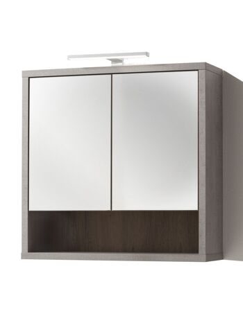 COMPOSADE | Miroir suspendu de la ligne LAFABRICA avec 3 portes 1 compartiment et éclairage, miroir de salle de bain avec lumière et portes, (LxHxP) 70x68,80x22 cm, couleur chêne et ciment, fabriqué en Italie