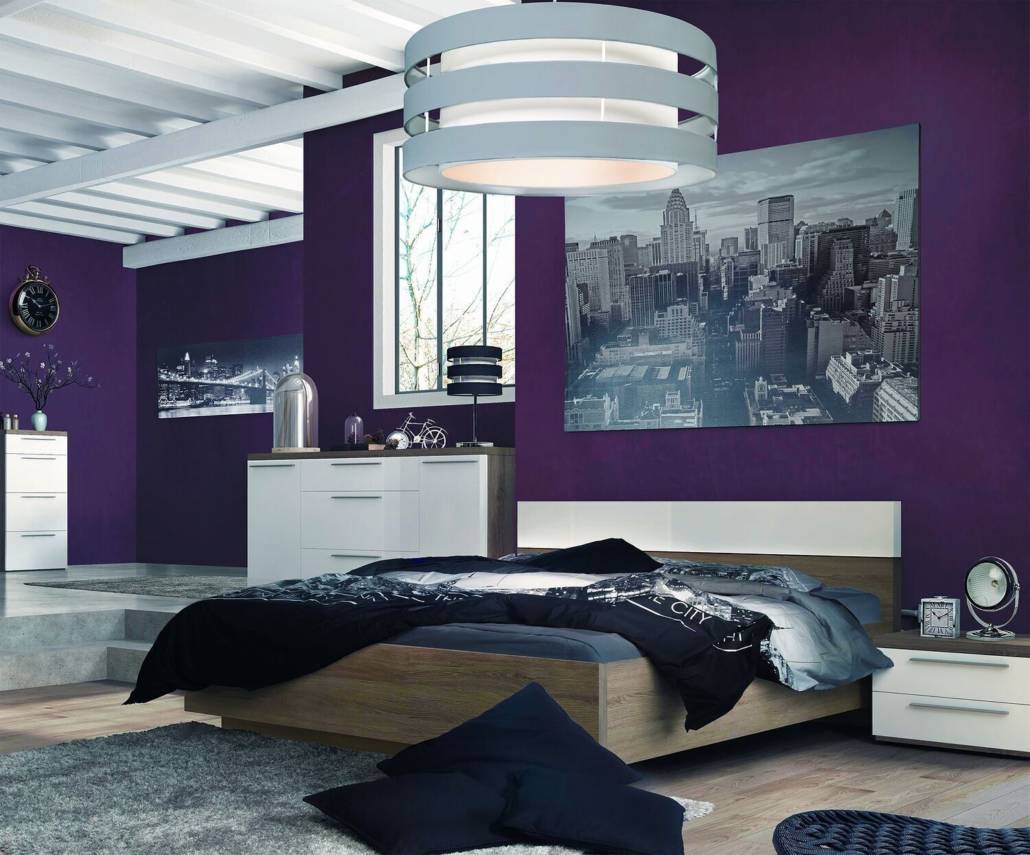 COMPOSADO | Dormitorio Completo Línea Momenti, Juego de 4 Muebles, Con Cama King Size, Mesitas de Noche y Cómoda, Muebles Modernos, Roble Sonoma y Lacado Blanco, Made in Italy