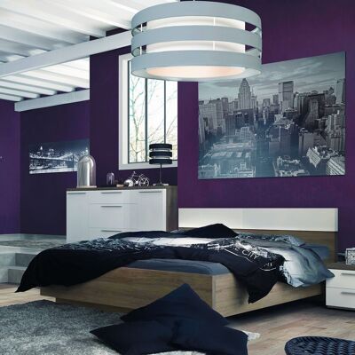 COMPOSAD | Komplettes Schlafzimmer aus der Momenti-Linie, 4er-Möbelset, mit Kingsize-Bett, Nachttischen und Kommode, moderne Möbel, Sonoma-Eiche und weiß lackiert, hergestellt in Italien