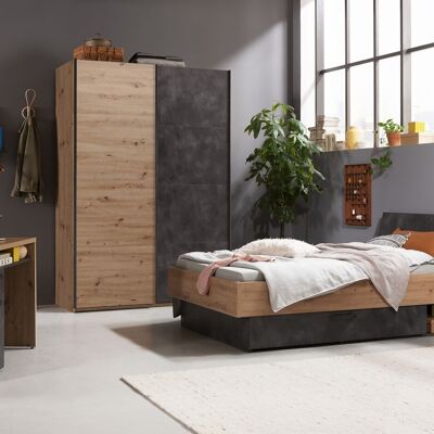 COMPOSAD | Complete bedroom from the LAFABRICA line, set of 5 furniture, queen size bed, desk, wardrobe, bedside table, bedroom furniture, honey oak and Tadao grey, Made in Italy