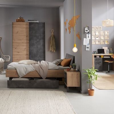 COMPOSAD | Complete bedroom from the LAFABRICA line, set of 7 pieces of furniture, queen size bed, desk, wardrobe, bedside table, chest of drawers, bookcase, honey oak and Tadao gray colour, Made in Italy