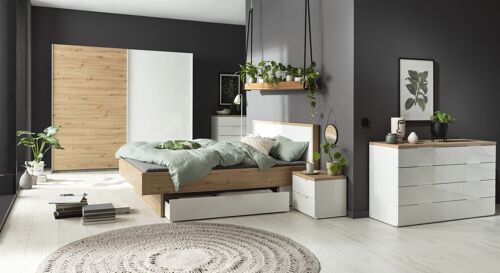 COMPOSAD | Camera da Letto Completa della Linea MUNDI, Set di 6 Mobili, Letto Matrimoniale, Armadio, Comodini, Cassettiera, Comò, Colore Rovere Miele e Bianco Laccato, Made in Italy