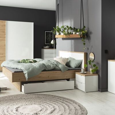 COMPOSAD | Komplettes Schlafzimmer aus der MUNDI-Linie, Set mit 6 Möbeln, Doppelbett, Kleiderschrank, Nachttischen, Kommode, Kommode, Honigeiche und weiß lackiert, hergestellt in Italien