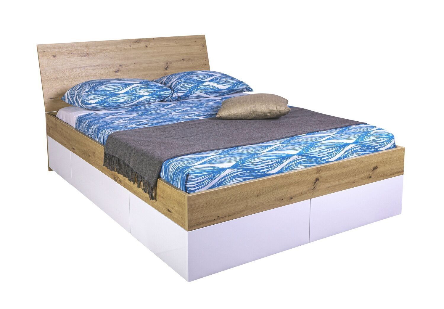 COMPOSADO | Cama de la Línea GLOBO con 4 Cajones de Almacenamiento, Cama de Almacenamiento Queen Size, (AnxAlxPr) 145,80x95,60x220,20 cm, Color Roble Miel y Lacado Blanco, Made in Italy