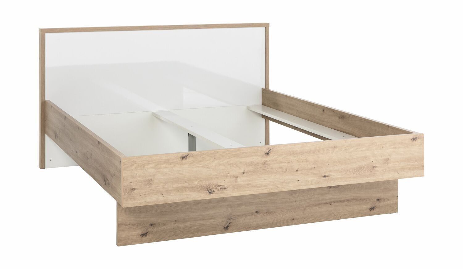 COMPOSADO | Cama de la línea MUNDI con espacio para 2 cajones (no incluidos), cama doble francesa, (AnxAlxPr) 153,50x98,10x218 cm, color roble miel y lacado blanco, Made in Italy