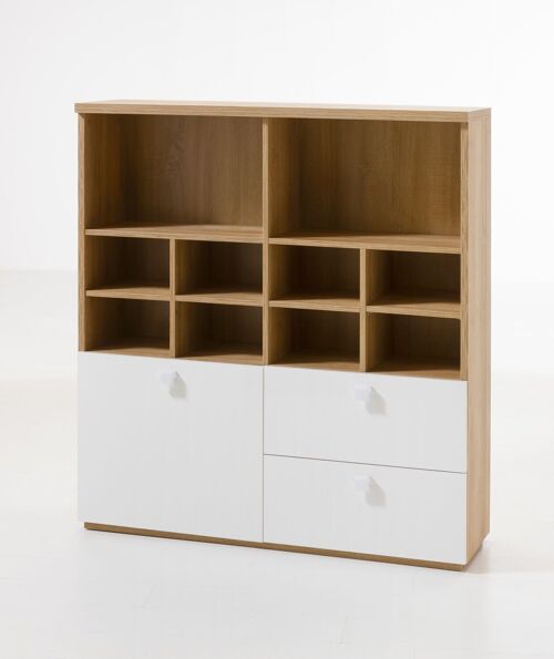 COMPOSAD | Libreria della Linea GLOBO con 2 Cassetti, 1 Anta e 10 Vani, Libreria Scaffale, (LxAxP) 120x130x35 cm, Colore Rovere e Bianco Laccato, Cameretta, Studio, Ufficio, Made in Italy