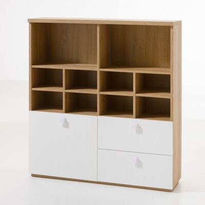 COMPOSAD | Bookcase from the GLOBO Line with 2 Drawers, 1 Door and 10 Compartments, Shelf Bookcase, (WxHxD) 120x130x35 cm, Oak and Lacquered White Colour, Bedroom, Study, Office, Made in Italy