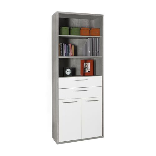 COMPOSAD | Libreria Alta della Linea DISEGNO con 2 Ante, 2 cassetti e 3 Vani, Libreria Scaffale Moderna, (LxAxP) 81,6x217,5x35,7 cm, Colore Cemento e Bianco Laccato, Ufficio, Made in Italy