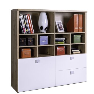 COMPOSAD | Bookcase from the GLOBO Line with 2 Drawers, 1 Door, 10 Compartments, Modern Shelf Bookcase, (WxHxD) 131.40x130.50x35 cm, Honey Oak and Lacquered White Colour, Bedroom, Made in Italy