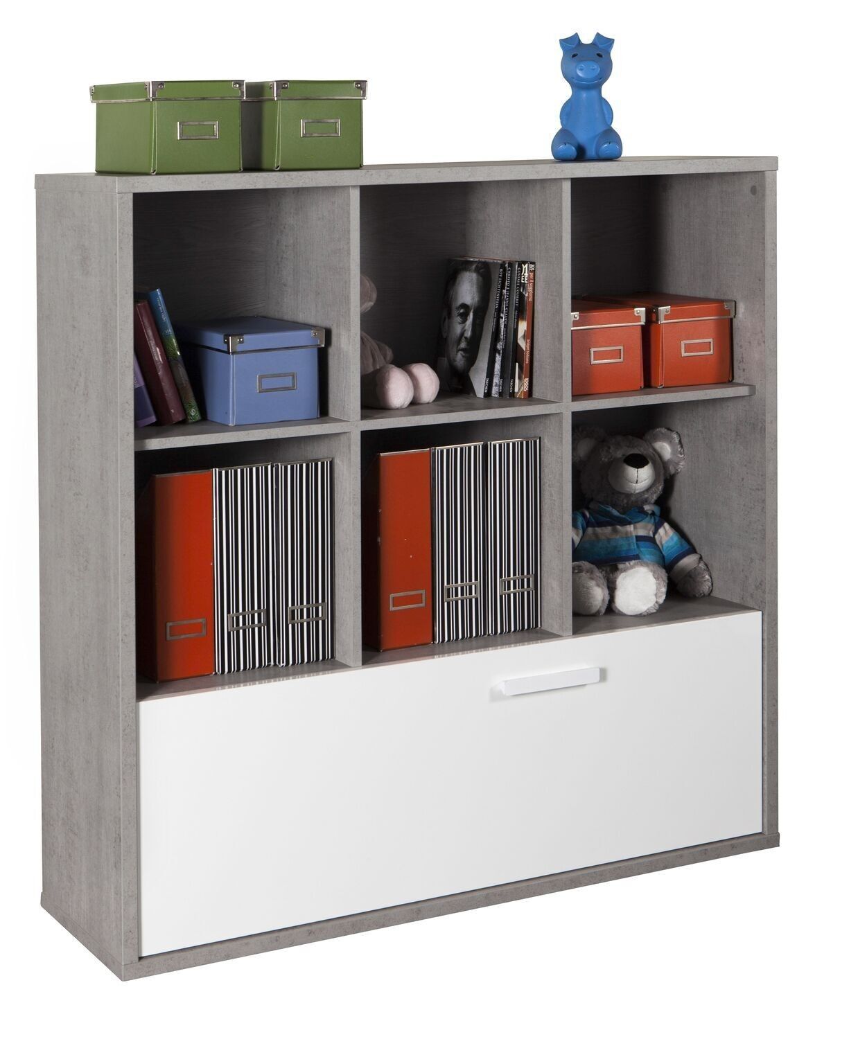 COMPOSAD | Bücherregal aus der MIPIACE-Linie mit 1 Doppelschublade und 6 Fächern, modernes Bücherregal, (BxHxT) 119,90 x 120,90 x 35,70 cm, Zement und weiß lackiert, Schlafzimmer, hergestellt in Italien