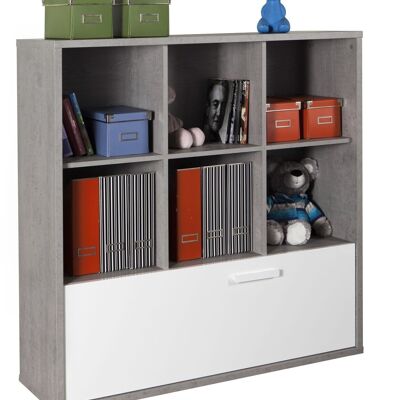 COMPOSAD | Bookcase from the MIPIACE Line with 1 Double Drawer and 6 Compartments, Modern Bookcase Shelf, (WxHxD) 119.90x120.90x35.70 cm, Cement and Lacquered White, Bedroom, Made in Italy