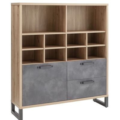 COMPOSAD | Bookcase from the LAFABRICA Line with 2 Drawers, 1 Door and 10 Compartments, Modern Industrial Style Bookcase, (WxHxD) 131.60x147.20x35 cm, Colour: Honey Oak and Tadao Grey, Made in Italy