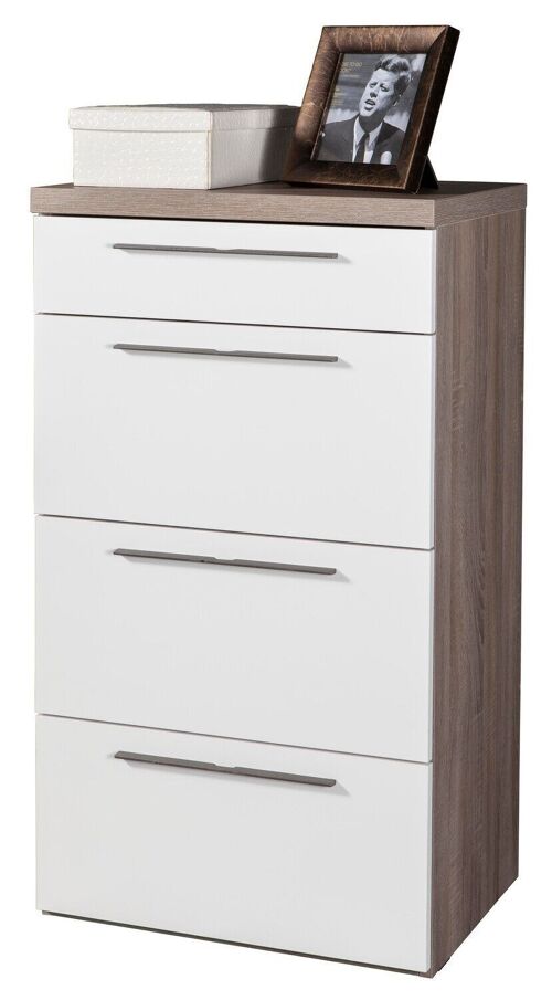 COMPOSAD | Cassettiera della Linea MOMENTI con 4 Cassetti, Cassettiera camera da Letto Bianca, (LxAxP) 60x110,80x45 cm, Colore Rovere Sonoma e Bianco Laccato, Made in Italy