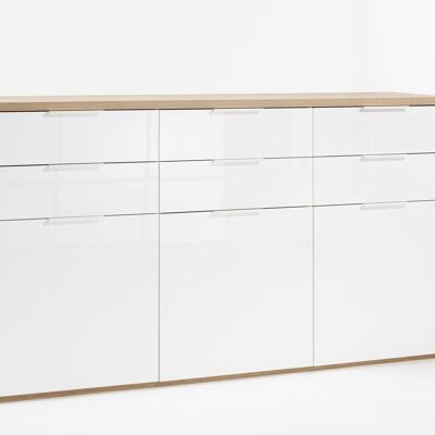 COMPOSAD | Sideboard from the MUNDI Line with 6 Drawers and 3 Doors, Sideboard, Entrance Unit, (WxHxD) 179.20x102.30x50 cm, Oak and Lacquered White Colour, Living Room, Entrance, Made in Italy