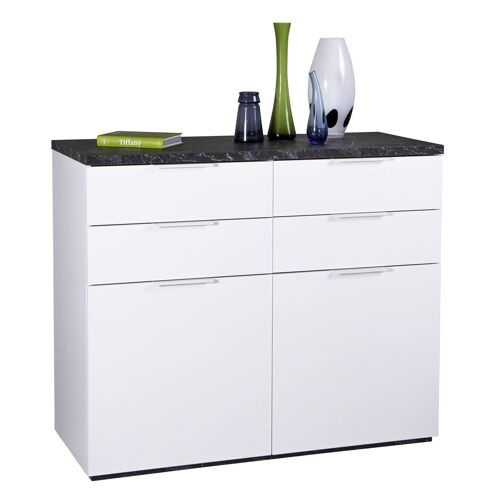 COMPOSAD | Credenza della Linea MUNDI con 4 Cassetti e 2 Ante, Madia, Mobile Ingresso, (LxAxP) 119,60x102,30x50 cm, Colore Marmo Zebra e Bianco Laccato, Soggiorno, Ingresso, Made in Italy