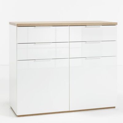 COMPOSAD | Sideboard from the MUNDI Line with 4 Drawers and 2 Doors, Sideboard, Entrance Unit, (WxHxD) 119.60x102.30x50 cm, Oak and Lacquered White Colour, Living Room, Entrance, Made in Italy