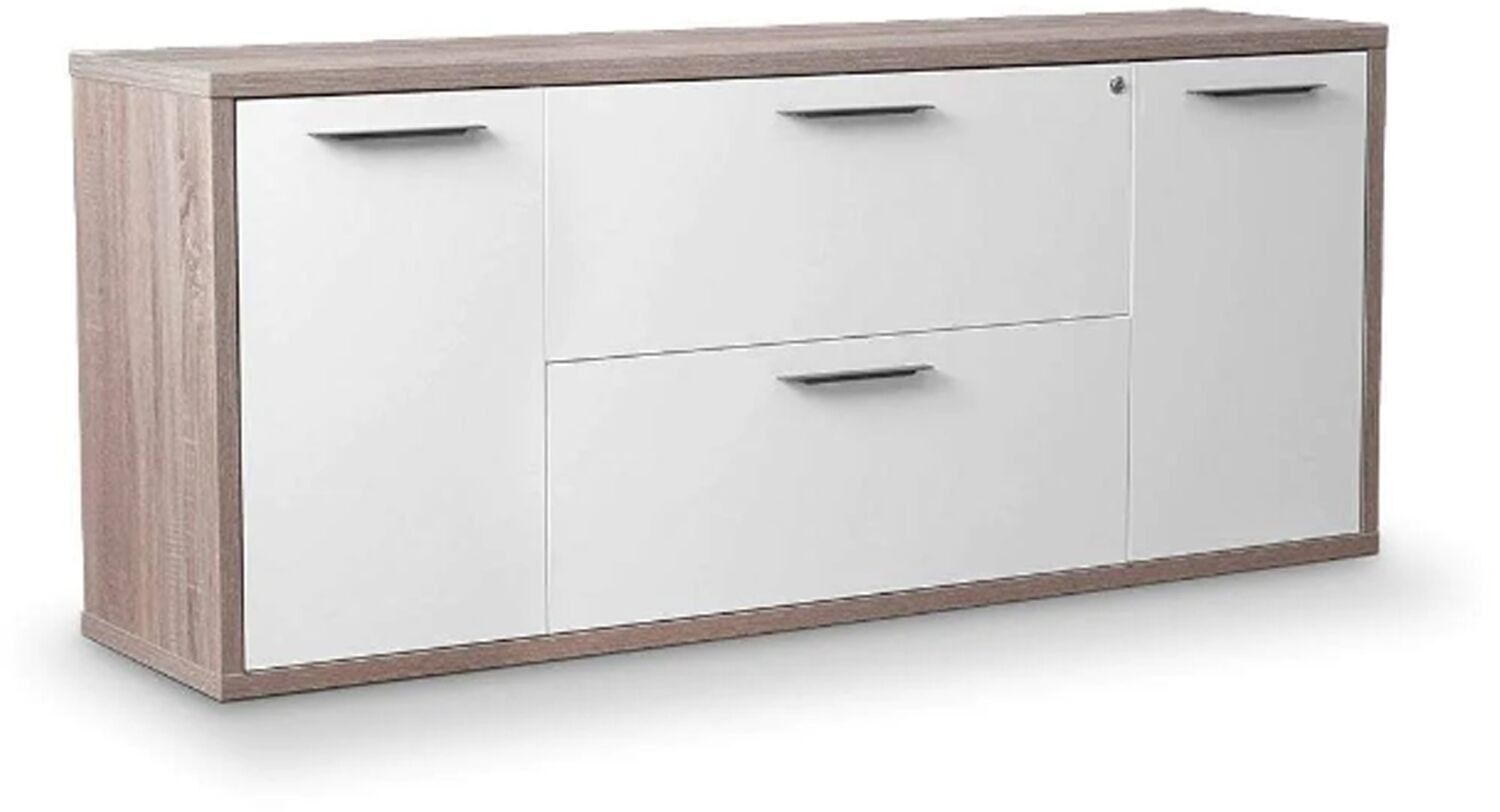 COMPOSAD | Mehrzwecksockel mit 2 Türen und 2 Schubladen mit Schloss, Aktenschrank, Dokumentenhalter, Büro, Wohnzimmer, (BxHxT) 180x74,3x45 cm, weiß lackiert und Sonoma-Eiche, hergestellt in Italien