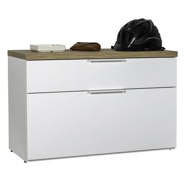COMPOSADO | Zapatero de la línea MUNDI con 1 cajón y 1 solapa, Banco zapatero, Mueble de entrada que ahorra espacio, (AnxAlxPr) 82,30x53,30x35,20 cm, Color roble y lacado blanco, Made in Italy