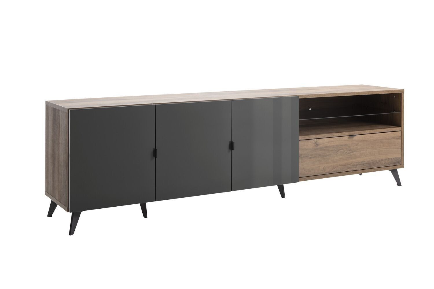 COMPOSADE | Meuble TV de la Ligne INFINITO avec 3 portes, 1 tiroir et 1 compartiment avec LED, base polyvalente, (LxHxP) 225,5x64,6x42,9 cm, laqué gris titane et noyer Brera, fabriqué en Italie