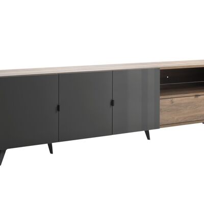 COMPOSAD | TV cabinet from the INFINITO Line with 3 Doors, 1 Drawer and 1 Compartment with LEDs, Multipurpose Base, (WxHxD) 225.5x64.6x42.9 cm, Lacquered Titanium Gray and Brera Walnut, Made in Italy