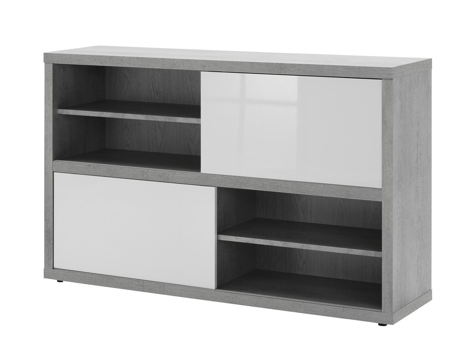 COMPOSAD | Niedriges Bücherregal aus der PRATICO-Linie mit 2 Schiebetüren, Mehrzweckschrank, Büroschubladeneinheit, (BxHxT) 140x87x35,60 cm, Farbe Zementgrau und weiß lackiert, hergestellt in Italien