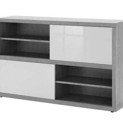 COMPOSAD | Libreria Bassa della Linea PRATICO con 2 Ante Scorrevoli, Mobile Multiuso, Cassettiera Ufficio, (LxAxP) 140x87x35,60 cm, Colore Grigio Cemento e Bianco Laccato, Made In Italy