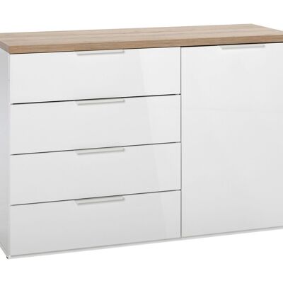 COMPOSAD | Chest of drawers from the MUNDI line with 4 drawers and 1 door, White bedroom chest of drawers, (WxHxD) 120x82.60x44.40 cm, Honey oak color and lacquered white, Made in Italy