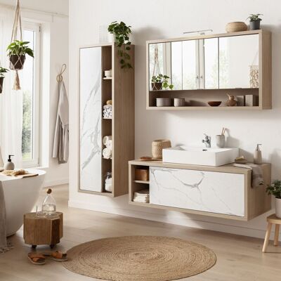 COMPOSAD | Complete Bathroom LADAMA Line, 5 Furniture, Washbasin Base with Sink, Bathroom Column, Mirror with Doors and Lighting, Complete Bathroom Furnishings, Oak and Marble Colour, Made in Italy