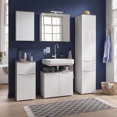 COMPOSAD | Complete Bathroom from the GALAVERNA Line, 5 Furniture, Washbasin Base, Wall Cabinet, Mirror with Doors and Lighting, Bathroom Column, Cement Color and Lacquered White, Made in Italy