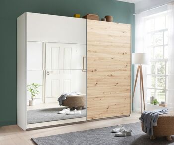 COMPOSADE | Armoire de la ligne SYSTEMA, armoire à 2 portes coulissantes avec portes miroir, chambre à coucher, (LxHxP) 250x223x67 cm, couleur blanc et chêne miel, fabriquée en Italie 6