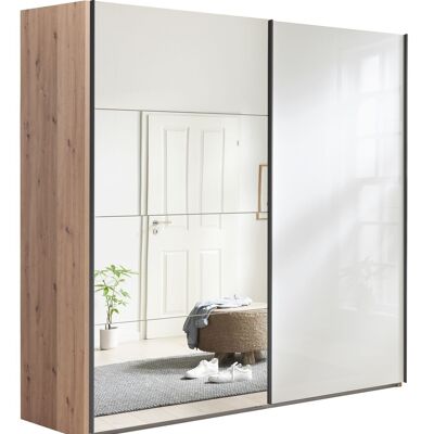 COMPOSAD | Wardrobe from the SYSTEMA Line, Wardrobe with 2 Sliding Doors, Mirrored Door Wardrobe, (WxHxD) 250x223x67 cm, Honey Oak and Lacquered White Colour, Made in Italy