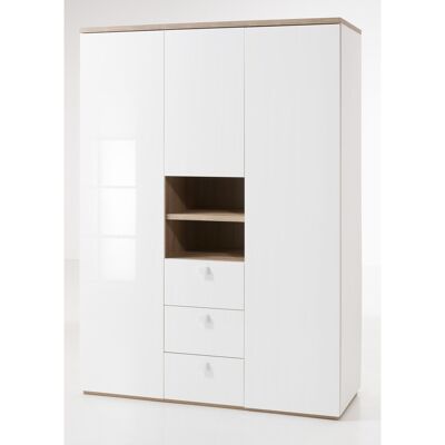 COMPOSADE | Armoire de la ligne GLOBO avec 3 tiroirs, 3 portes et 1 compartiment, armoire pour chambre, chambre, (LxHxP) 150,40x210x60,70 cm, coloris chêne et blanc, Made in Italy