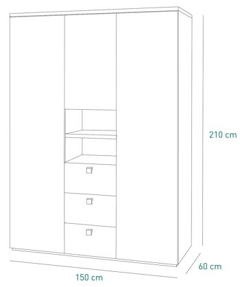 COMPOSADE | Armoire de la ligne GLOBO avec 3 tiroirs, 3 portes et 1 compartiment, armoire pour chambre, chambre, (LxHxP) 150,40x210x60,70 cm, coloris chêne et blanc, Made in Italy 3