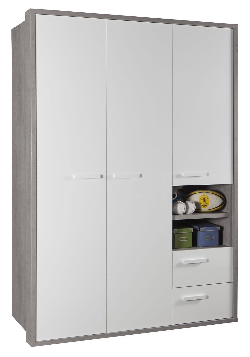 COMPOSADO | Armario de la línea MIPIACE de 3 puertas, 2 cajones y 1 compartimento, armario dormitorio, armario con puertas, (AnxAlxPr) 152,60x216,60x63,40 cm, color hormigón y lacado blanco, Made in Italy