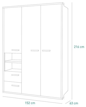 COMPOSADE | Armoire de la Ligne MIPIACE avec 3 portes, 2 tiroirs et 1 compartiment, armoire de chambre, armoire avec portes, (LxHxP) 152,60x216,60x63,40 cm, couleur ciment et laqué blanc, fabriquée en Italie 4