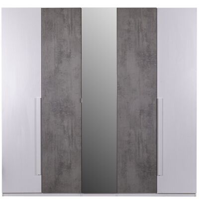 COMPOSAD | Wardrobe 5 Hinged Doors, 1 of which is Mirrored, from the ADOR'A Line, Bedroom Wardrobe, (WxHxD) 211x223x61 cm, Cement and White Color - Made in Italy