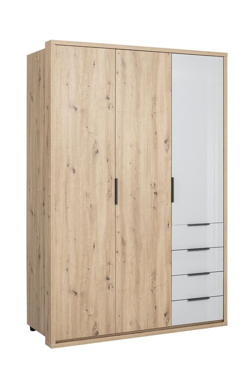 COMPOSAD | Wardrobe from the VELATA line with 3 doors and 4 drawers, bedroom wardrobe, modern and elegant, (WxHxD) 147.7x216.9x62.7 cm, Honey Oak and Lacquered Grey, Made in Italy