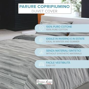 Dorian Home, Parure de lit double 200 x 210 cm, 100 % coton doux et pur, fabriquée en Italie, motif gris Laveno 4