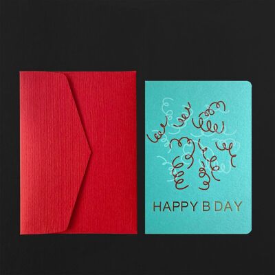 HAPPY B DAY confetti postcard on mint + poppy envelope