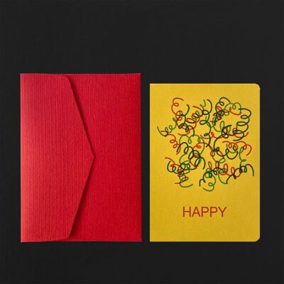 HAPPY confetti postcard on banana + poppy envelope