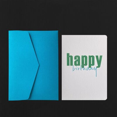HAPPY BIRTHDAY postcard green blue + cornflower envelope