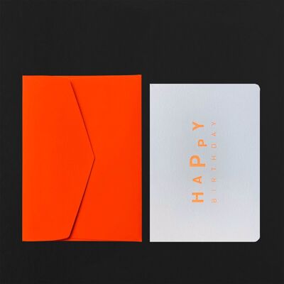 Tanzende HAPPY BIRTHDAY-Postkarte + fluoreszierender orangefarbener Umschlag