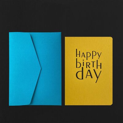 Dark blue HAPPY BIRTHDAY CARD on banana + cornflower envelope