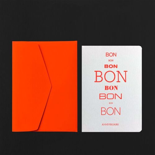 Carte postale BON BON ANNIVERSAIRE + enveloppe orange fluo